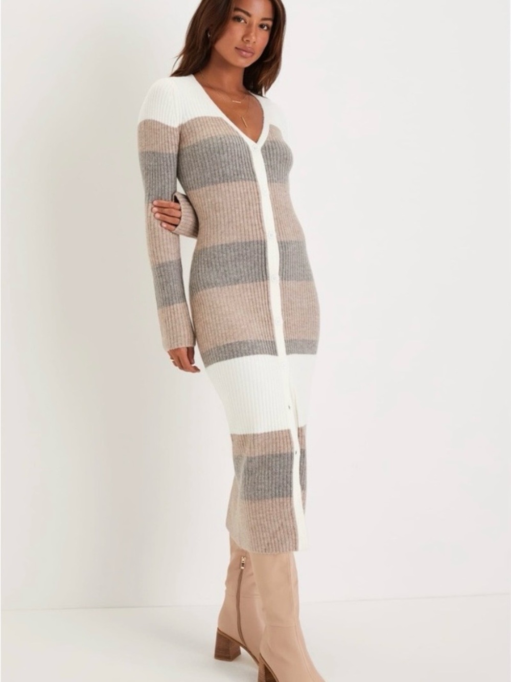 Lulu's Striped Rib-Knit Button-Front Midi Dress in White, Beige & Gray